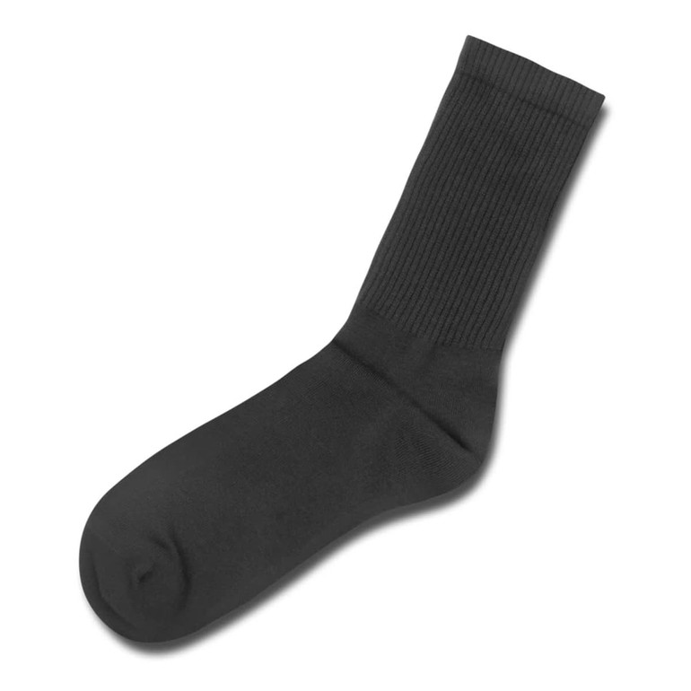 A single black crew sock with a ribbed cuff, featuring a logo. Ideal for casual wear or layering.
