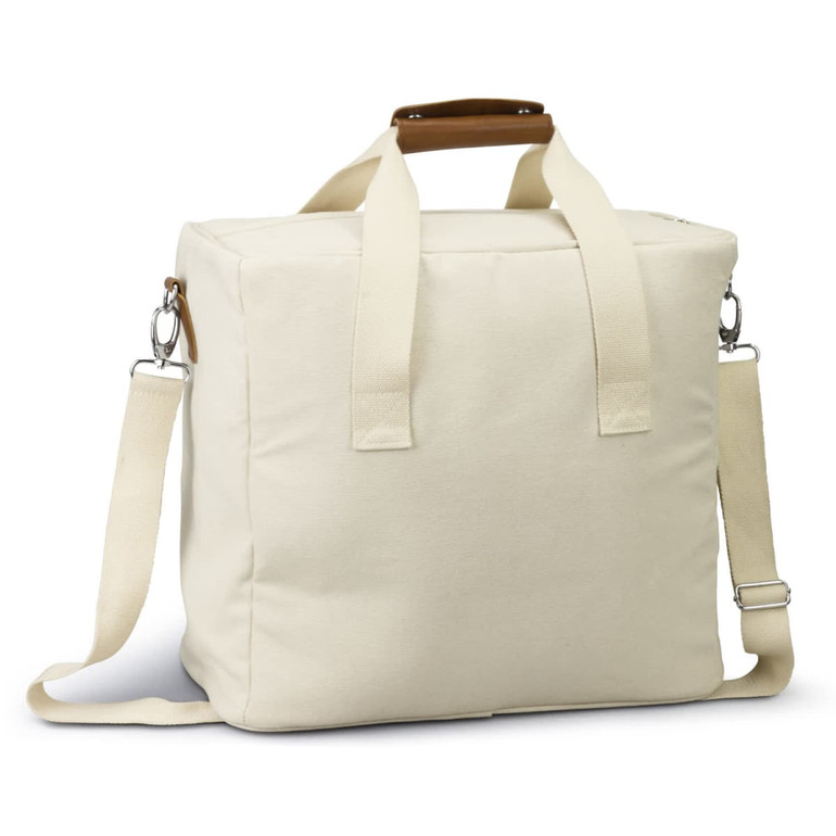A cream-coloured cooler tote bag with handles and a shoulder strap, featuring a logo on the side.