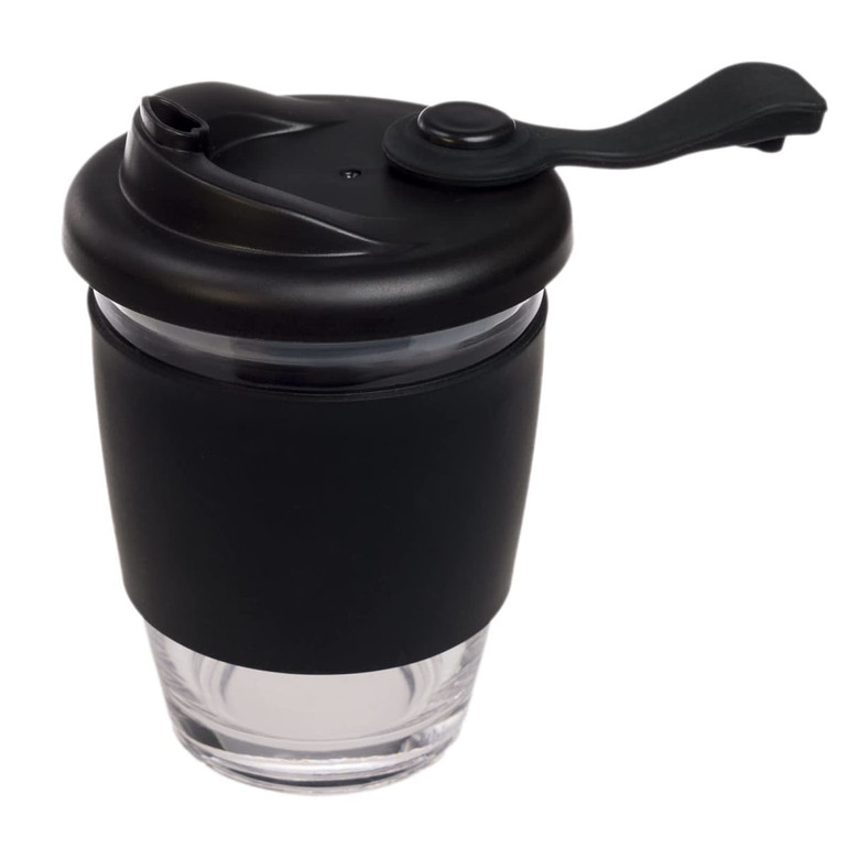A reusable coffee cup with a transparent glass body and a black silicone sleeve and lid.