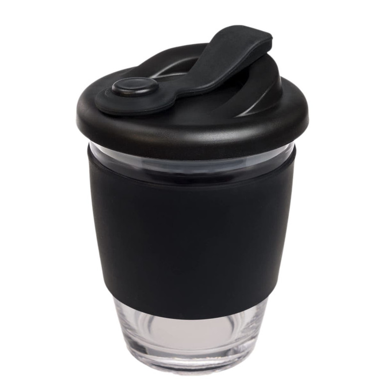 A reusable coffee cup with a black snap lid and a silicone sleeve for grip. The cup features a clear glass body.