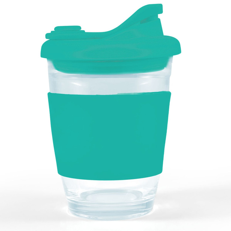 A reusable coffee cup with a clear body and a teal silicone sleeve and snap lid.