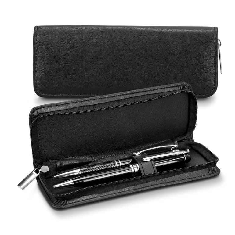 A black zippered pen presentation case featuring two pens inside, with a textured exterior and a smooth interior.