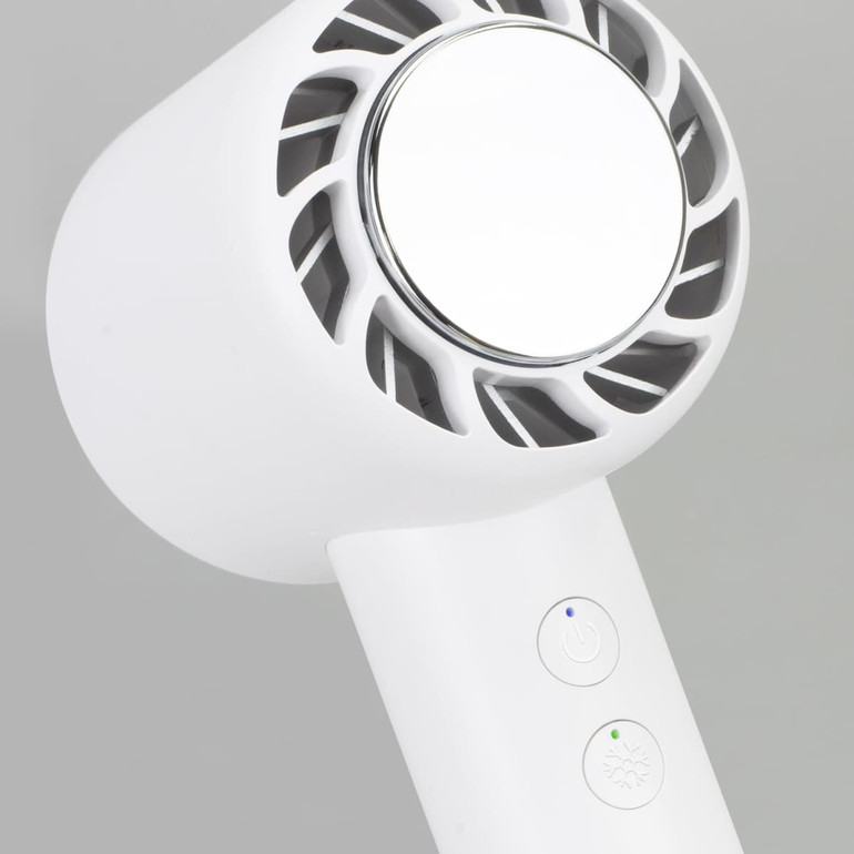 A white personal cooling fan featuring a circular grill and buttons for operation. It has a sleek design with a smooth finish.