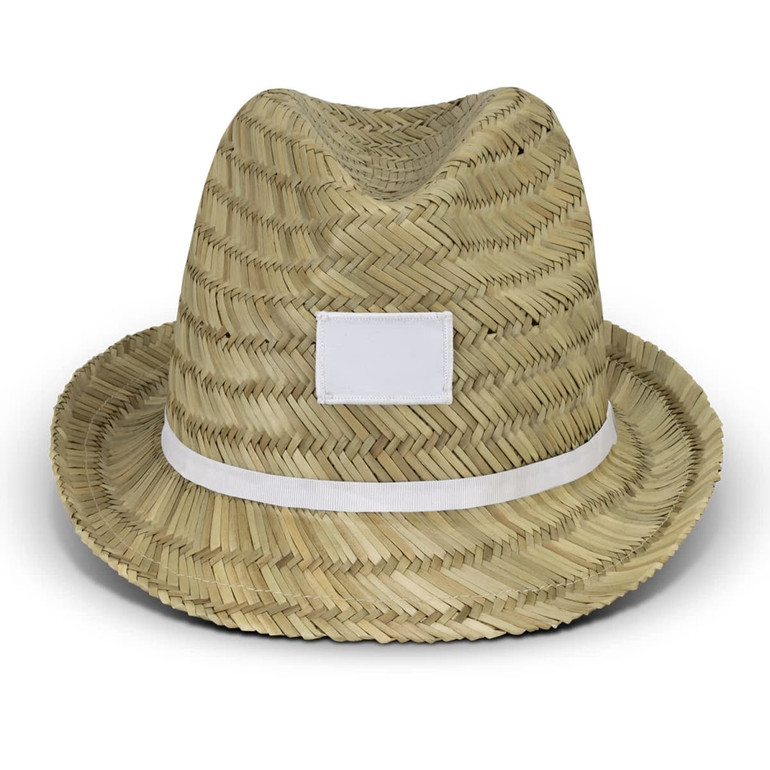 A straw fedora hat with a wide brim and a white band around the crown. It features a plain branding area.