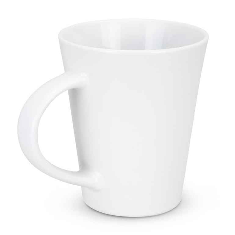 A white coffee mug with a curved handle and a smooth surface; it features a logo.