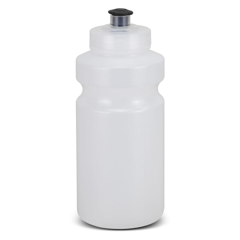 A drink bottle with a translucent white body and a black cap, featuring a simple design and a logo.
