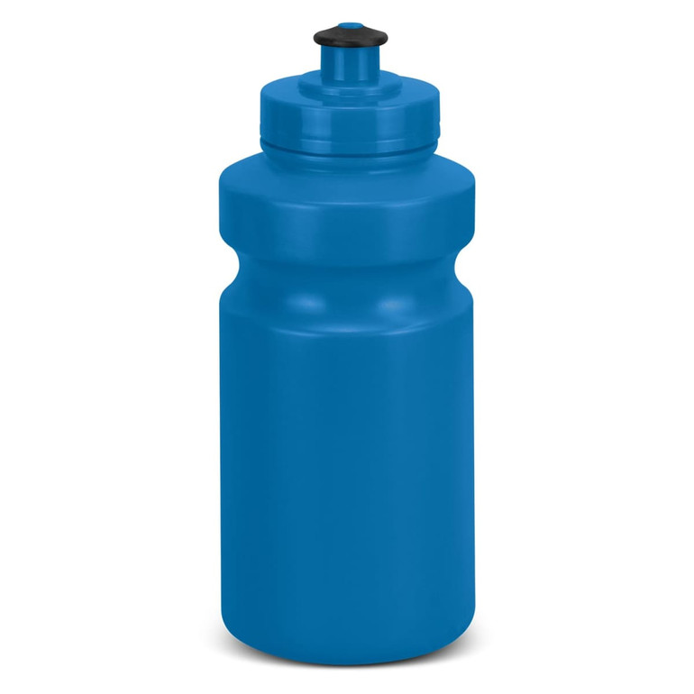 A drink bottle in bright blue, featuring a screw-on lid and a simple design. It includes a logo on the side.