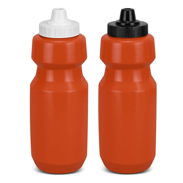 A drink bottle in orange with two cap options: one white and one black. It features a simple design and a logo.