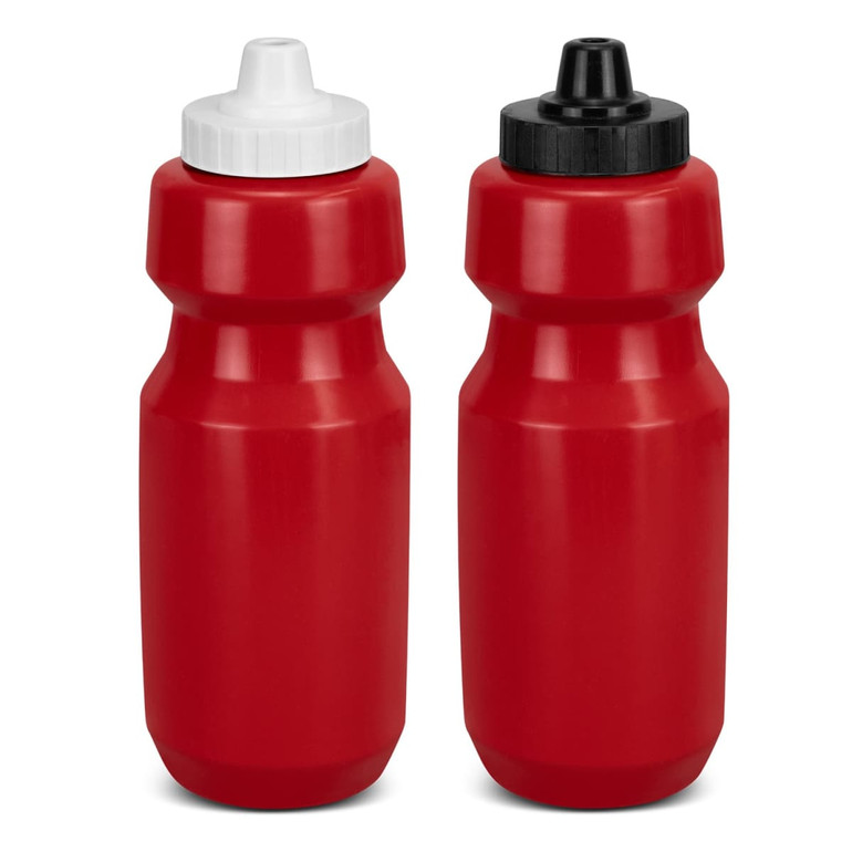 A drink bottle set featuring two red bottles with white and black caps, each with a logo.