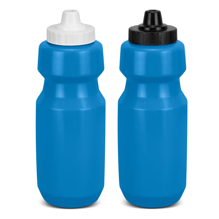 A drink bottle set featuring two bright blue bottles with white and black caps. Each bottle has a simple, ergonomic design.
