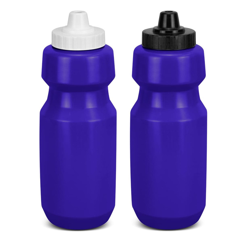 A drink bottle set in vibrant purple, featuring white and black caps, with a simple design and a logo.