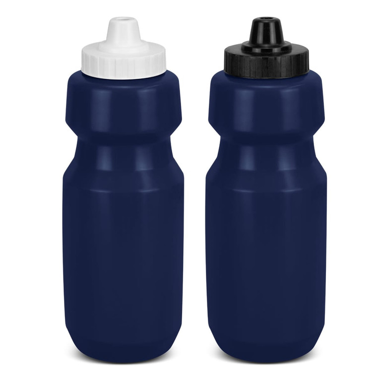 A drink bottle in navy blue featuring two different cap colours, one white and one black, with a sleek design.