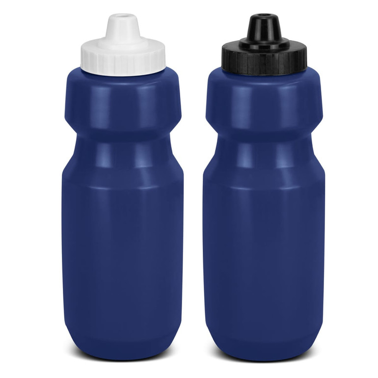 A drink bottle set in navy blue with white and black screw-on lids. Features a smooth surface and a logo.