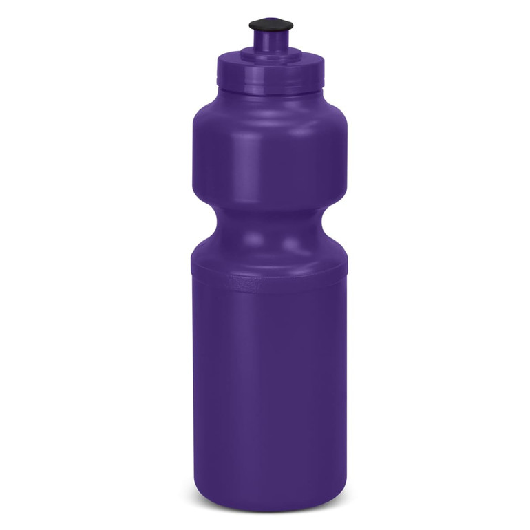 A drink bottle in vibrant purple with a ribbed design and a screw-on lid, featuring a logo.