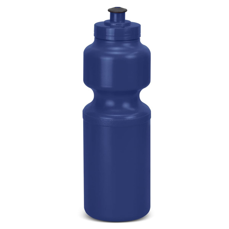 A drink bottle in navy blue with a curvy design and a screw-top lid. It features a logo.