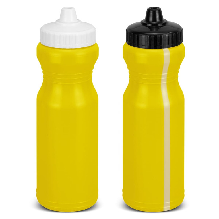 A drink bottle featuring a bright yellow body with black and white caps, and a simple design with a logo.
