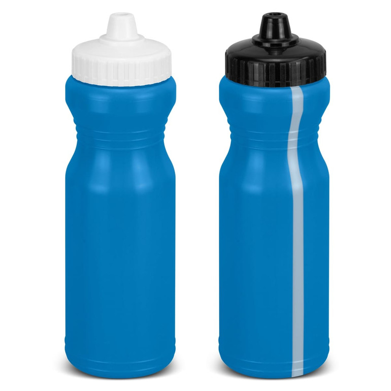A drink bottle set featuring two blue bottles with white and black screw-on lids and a central stripe. Each bottle has a logo.
