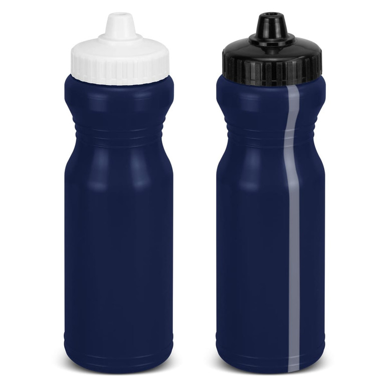 A drink bottle in navy blue with two different lid options: one white and one black. Features a logo.