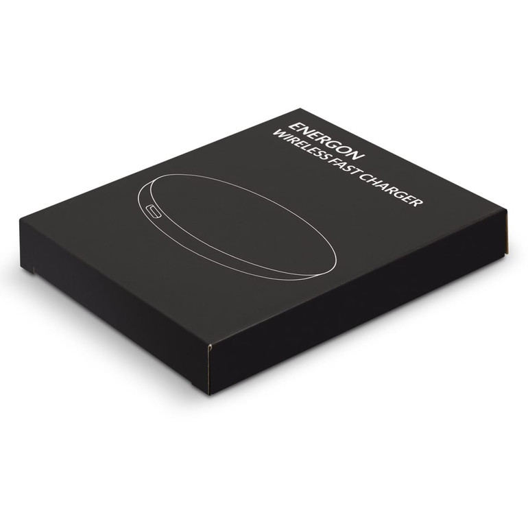 A black packaging box containing the Energon Wireless Fast Charger, featuring a simple design and a logo.