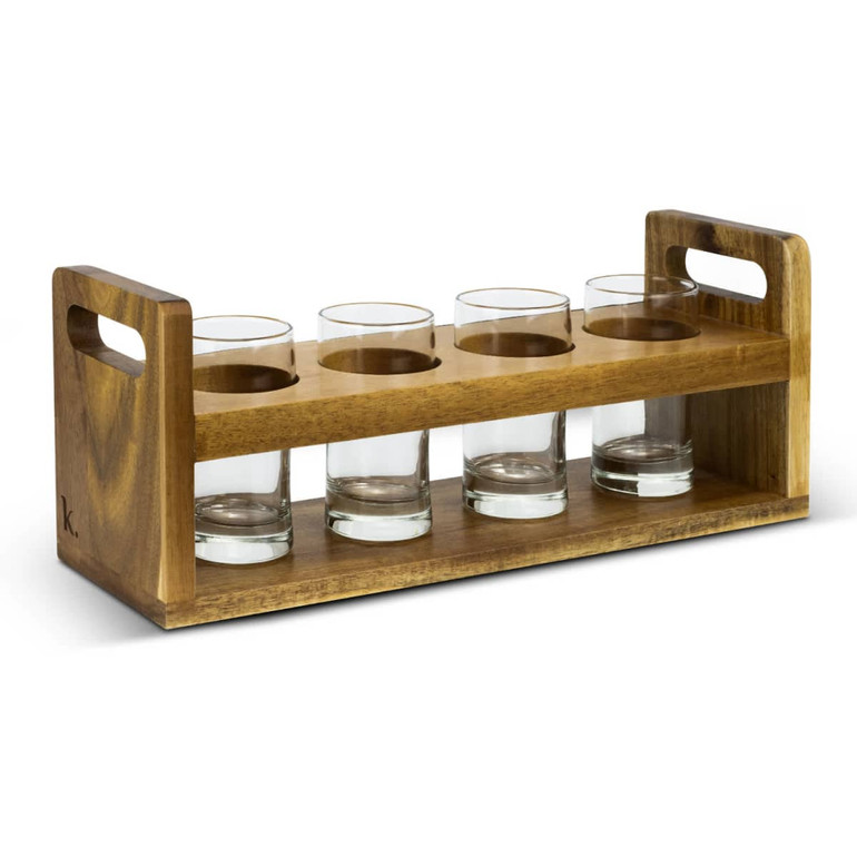 A wooden taster tray featuring five clear glasses set in a rectangular base with handles.