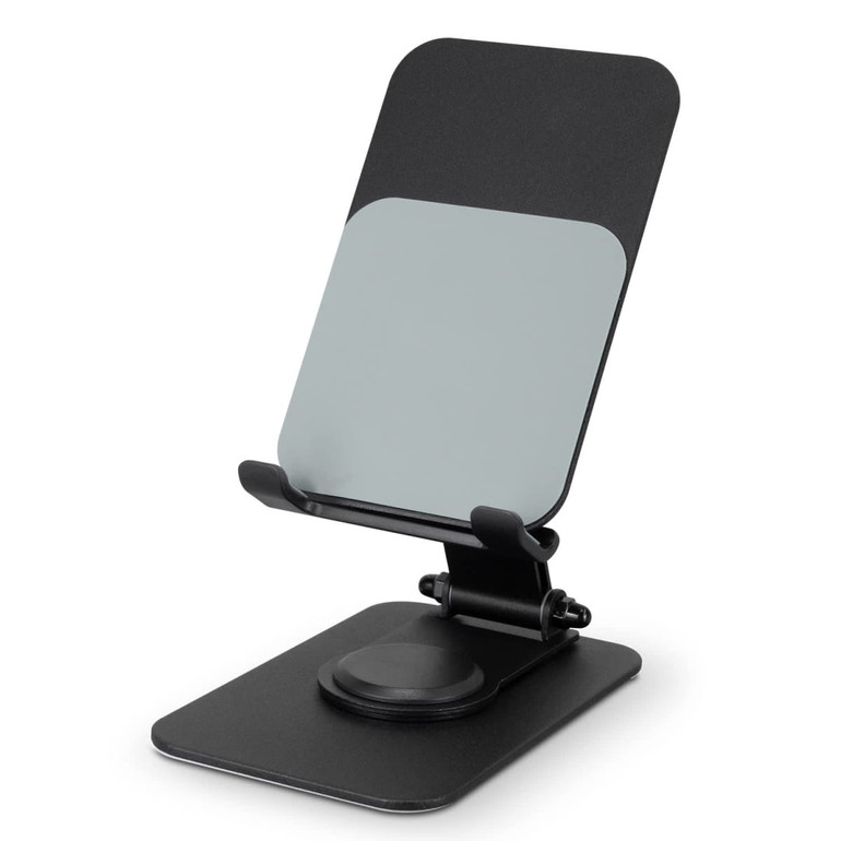 A black and grey metal phone and tablet stand with an adjustable back and rounded base.