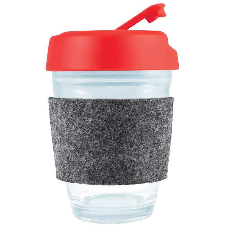 A reusable coffee cup featuring a transparent body, a red flip lid, and a gray RPET band for a comfortable grip.