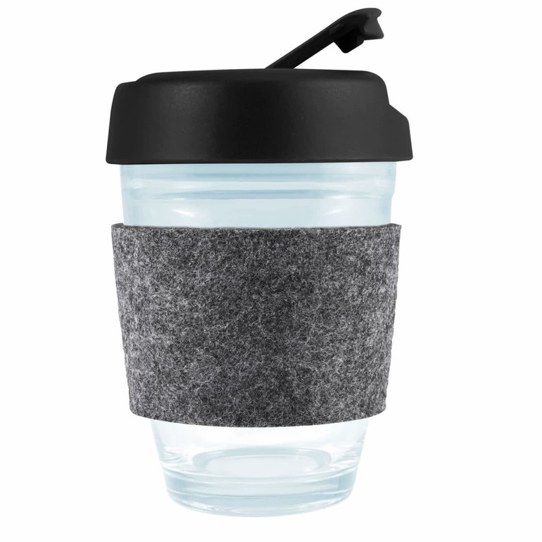 A reusable coffee cup in clear glass with a black flip lid and a gray RPET band. Features a logo.