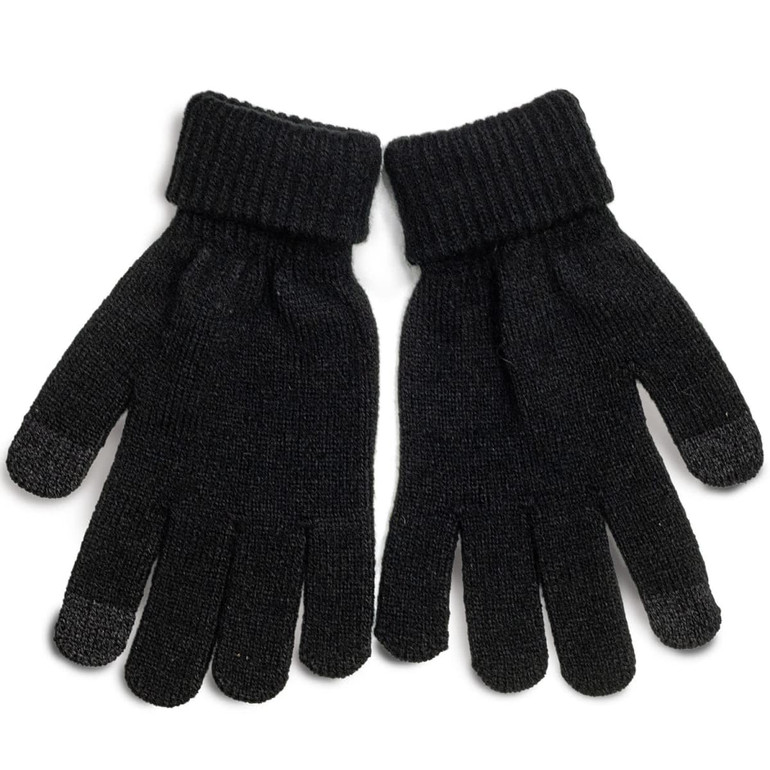 A pair of black knitted gloves with a ribbed cuff and touch-screen fingertips. Features a logo on the wrist.