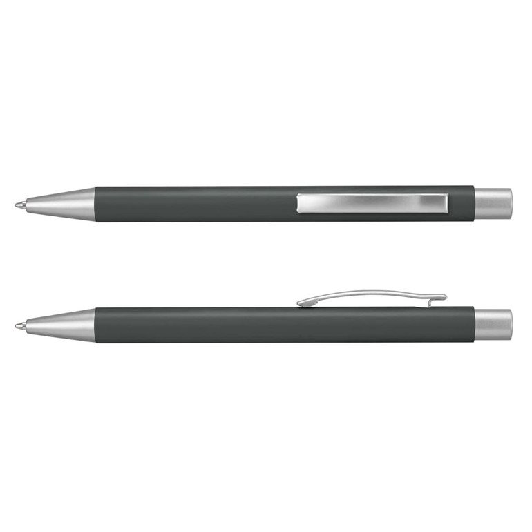 A metal pen with a dark green barrel and silver accents, featuring a clip and rounded tip.