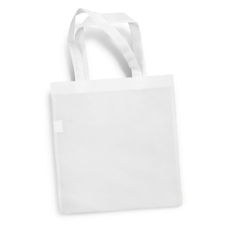 A white tote bag with two handles and a simple design. It features a branding logo.