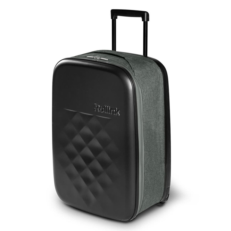 A medium wheeled suitcase featuring a black hard-shell front and a textured green fabric back, with a retractable handle.