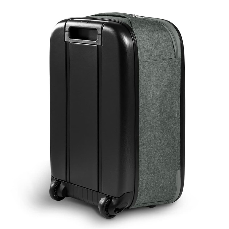 A medium wheeled suitcase in dark green fabric and black hard shell, featuring a logo.