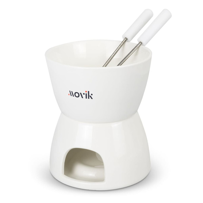 A white mini fondue set featuring a bowl, metal skewers, and a base for heating. Includes a branding logo.