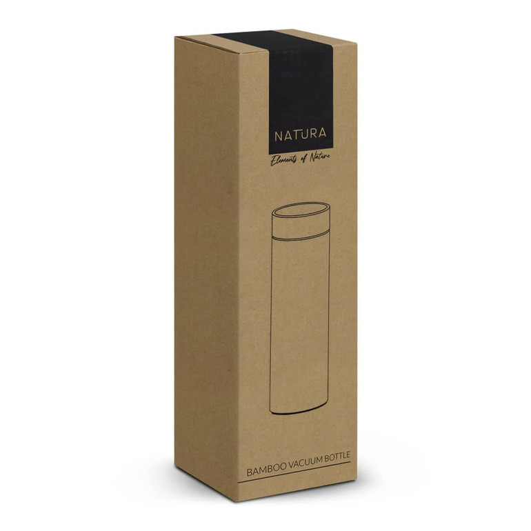 A bamboo vacuum bottle in a brown cardboard box with a black top and branding displayed on the front.