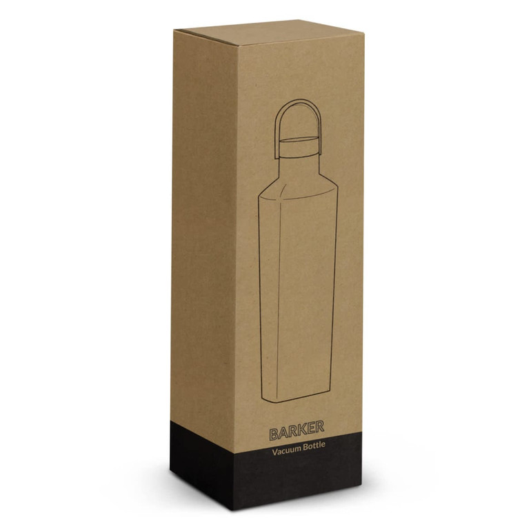 A drink bottle in a minimalist design, packaged in a tall, brown box with a handle and logo.