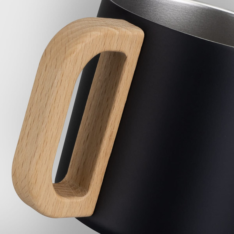 A drink bottle featuring a black finish and a wooden handle, with a metallic interior. Contains a logo.
