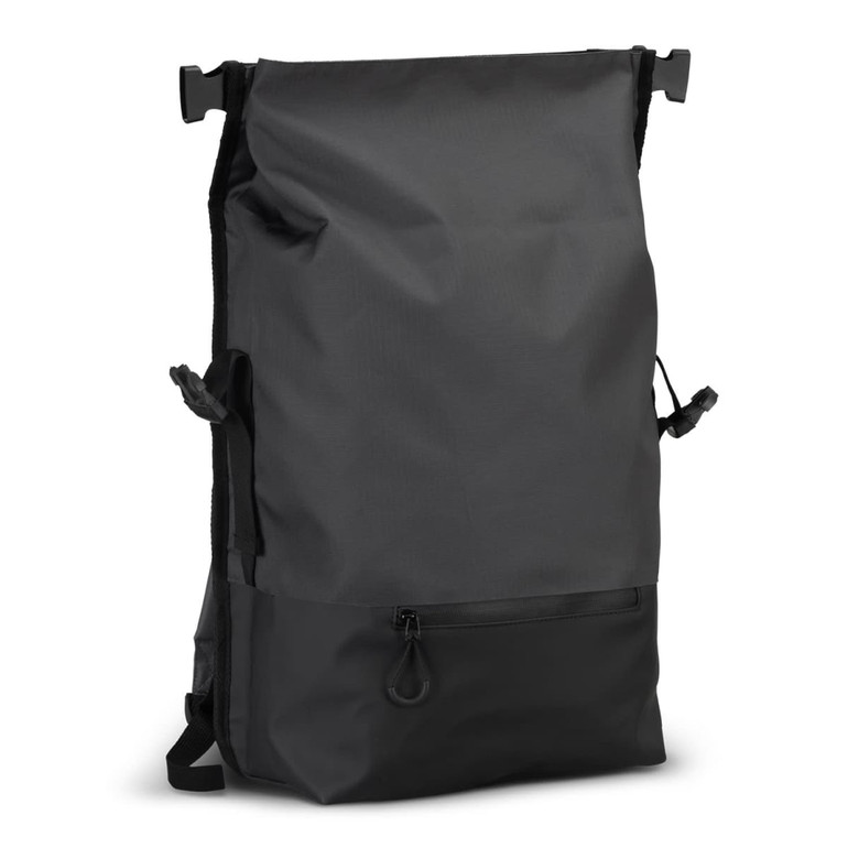 A black Fjord Backpack with adjustable straps and a zipped front pocket. The design is sleek and modern.