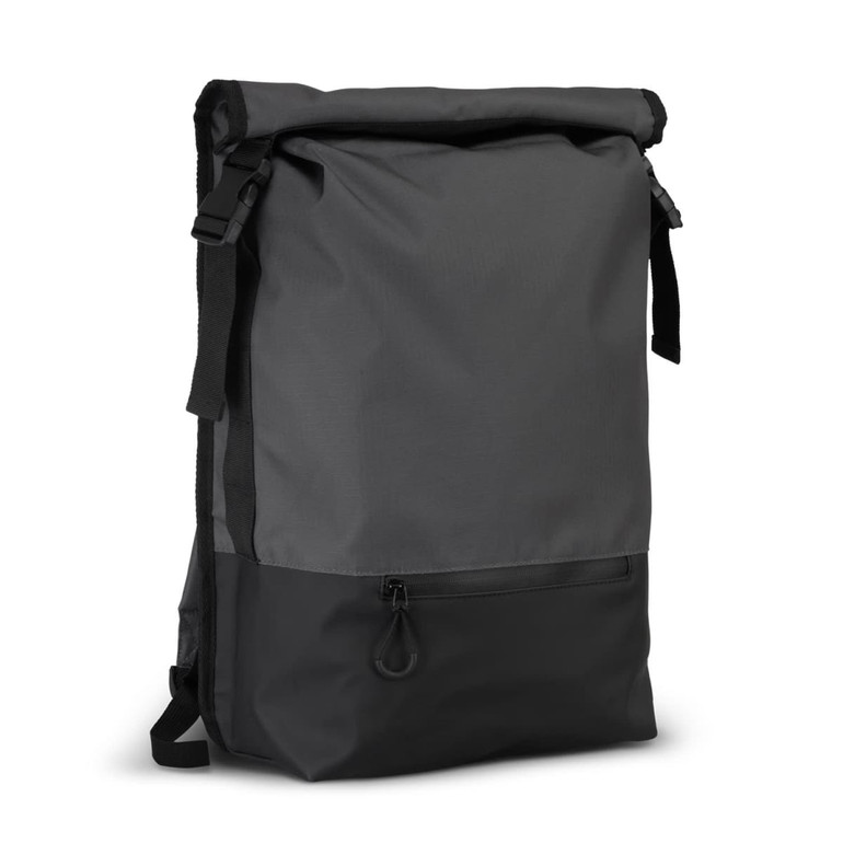 A grey Fjord Backpack featuring a roll-top design with a black base and a front zip pocket.