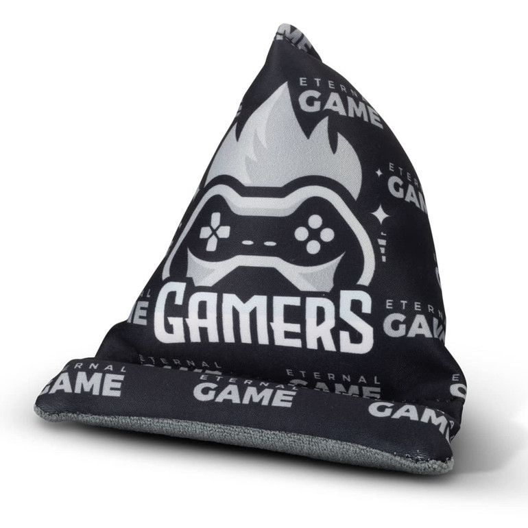 A black and grey bean bag phone holder with a gaming-themed design and a logo.