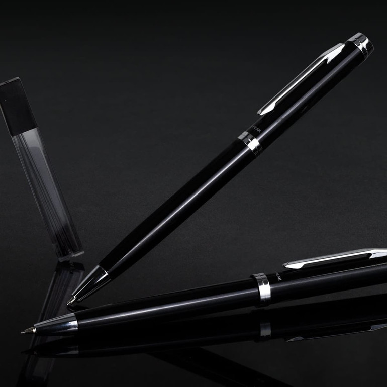 A black pen and pencil set with a sleek design, featuring metallic accents and a clear display case.