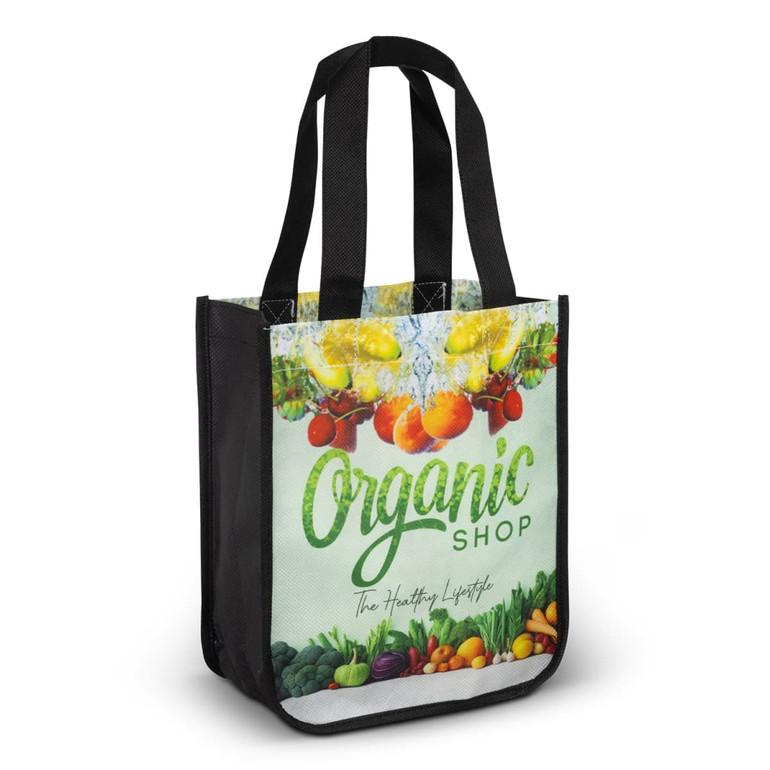 A black tote bag with a vibrant, fruit-themed graphic and an organic shop logo.