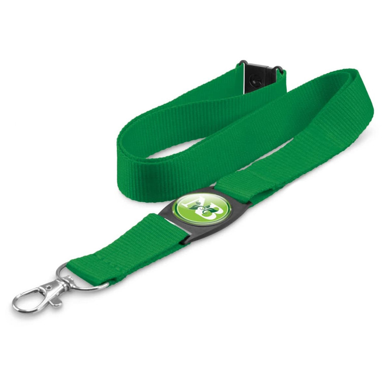 A green lanyard with a detachable clip and a round badge holder featuring a logo.
