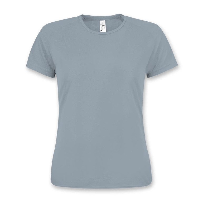 A grey sporty women's T-shirt with a round neckline and short sleeves, featuring a small logo.
