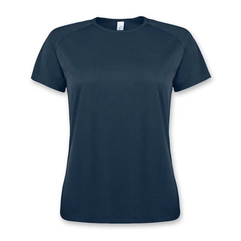 A navy blue women's t-shirt with short sleeves and a round neckline. It features a logo.