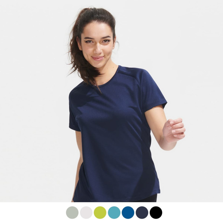 A navy blue sporty women's t-shirt with short sleeves and a logo. Available in various colours below.
