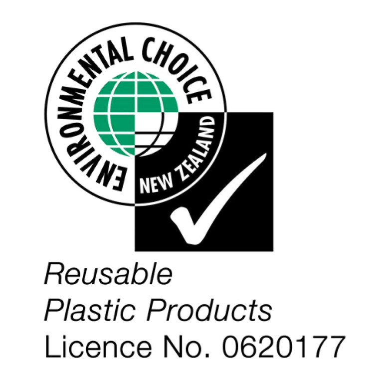 A promotional logo featuring an environmental certification with a globe and checkmark, in black and green.