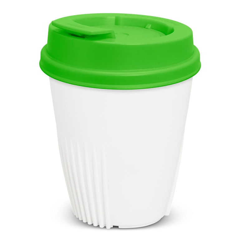 A drink bottle with a white body and a green lid, featuring ridges on the exterior and a logo on the surface.