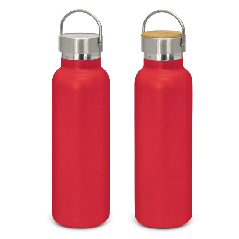 A drink bottle in a vibrant red colour with a stainless steel lid and a wooden cork top. Features a logo.