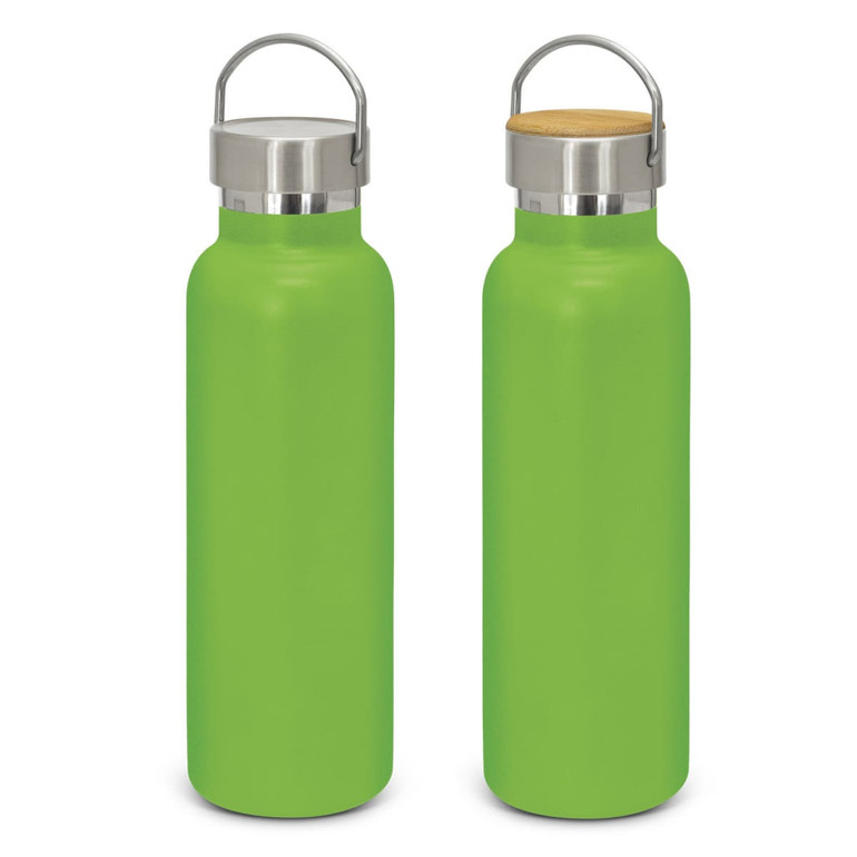 A drink bottle in vibrant green with a stainless steel lid and a bamboo top, featuring a logo.
