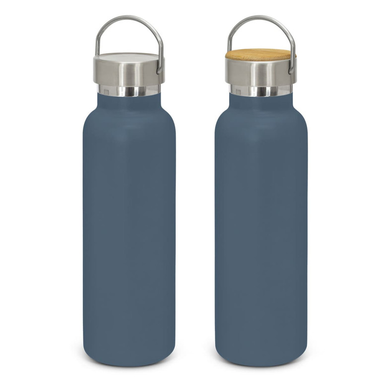 A drink bottle with a powder-coated matte navy finish and a stainless steel top with a wooden accent. It features a logo.